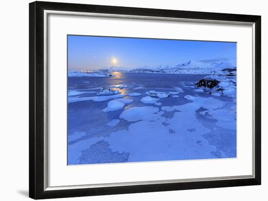 Reflections of Full Moon in the Frozen Sea, Lyngedal, Lofoten Islands, Arctic, Norway, Scandinavia-Roberto Moiola-Framed Photographic Print