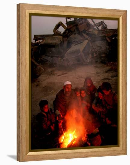 Refugees Light a Fire with Plastic and Rubbish Next to Tent in Junk Dump in Kabul, Afghanistan-null-Framed Premier Image Canvas