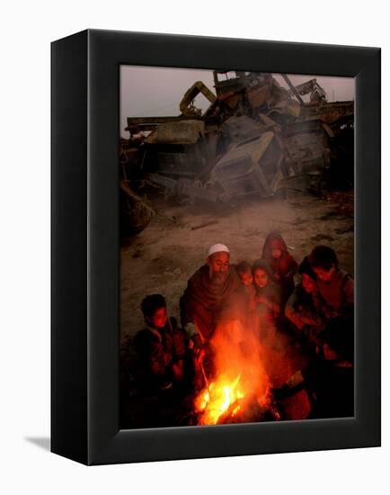 Refugees Light a Fire with Plastic and Rubbish Next to Tent in Junk Dump in Kabul, Afghanistan-null-Framed Premier Image Canvas