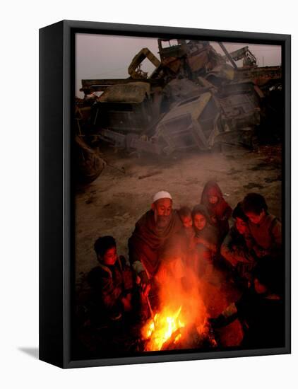 Refugees Light a Fire with Plastic and Rubbish Next to Tent in Junk Dump in Kabul, Afghanistan-null-Framed Premier Image Canvas