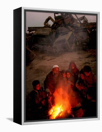 Refugees Light a Fire with Plastic and Rubbish Next to Tent in Junk Dump in Kabul, Afghanistan-null-Framed Premier Image Canvas