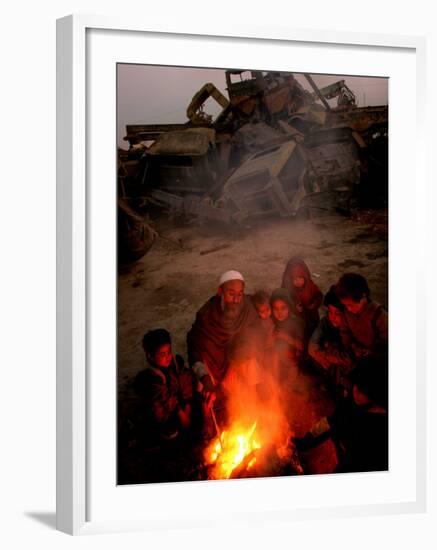 Refugees Light a Fire with Plastic and Rubbish Next to Tent in Junk Dump in Kabul, Afghanistan-null-Framed Photographic Print