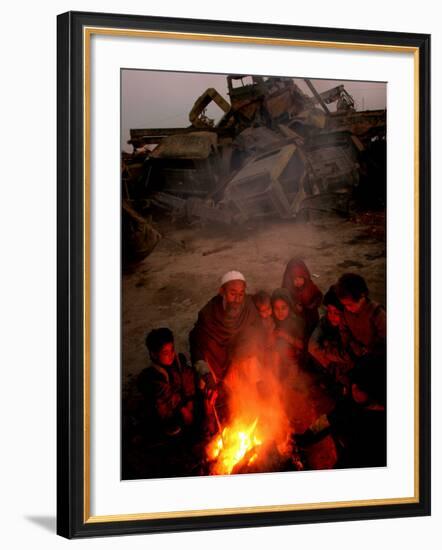 Refugees Light a Fire with Plastic and Rubbish Next to Tent in Junk Dump in Kabul, Afghanistan-null-Framed Photographic Print