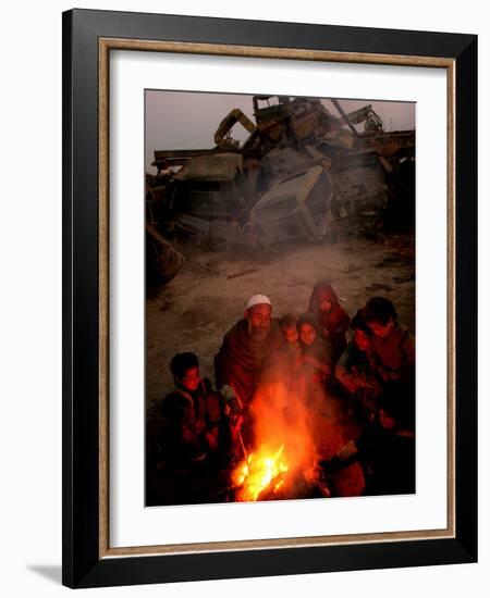 Refugees Light a Fire with Plastic and Rubbish Next to Tent in Junk Dump in Kabul, Afghanistan-null-Framed Photographic Print