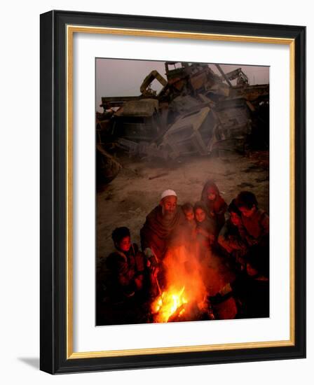 Refugees Light a Fire with Plastic and Rubbish Next to Tent in Junk Dump in Kabul, Afghanistan-null-Framed Photographic Print