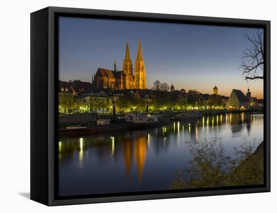 Regensburg in Bavaria, the Old Town. Dawn over the Old Town, Reflections in the River Danube-Martin Zwick-Framed Premier Image Canvas