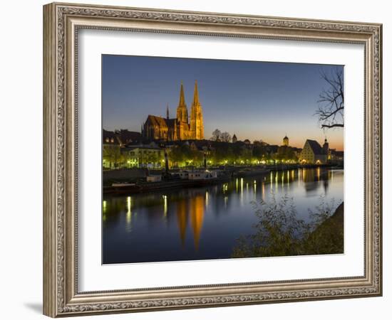 Regensburg in Bavaria, the Old Town. Dawn over the Old Town, Reflections in the River Danube-Martin Zwick-Framed Photographic Print