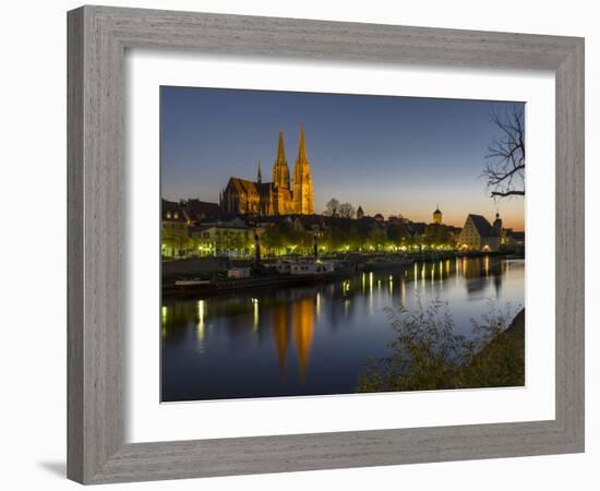 Regensburg in Bavaria, the Old Town. Dawn over the Old Town, Reflections in the River Danube-Martin Zwick-Framed Photographic Print