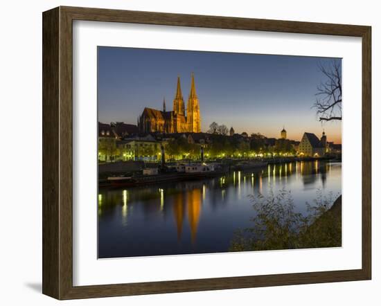 Regensburg in Bavaria, the Old Town. Dawn over the Old Town, Reflections in the River Danube-Martin Zwick-Framed Photographic Print