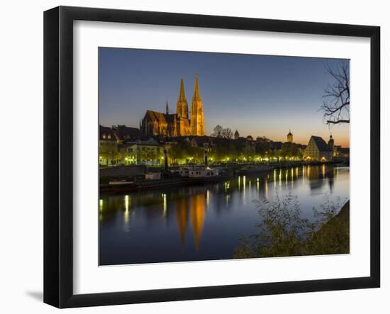 Regensburg in Bavaria, the Old Town. Dawn over the Old Town, Reflections in the River Danube-Martin Zwick-Framed Photographic Print