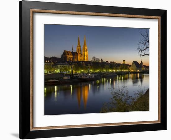 Regensburg in Bavaria, the Old Town. Dawn over the Old Town, Reflections in the River Danube-Martin Zwick-Framed Photographic Print