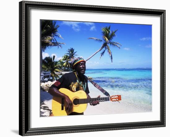 Reggae Singer with Guitar on Beach, Sainte Anne, Guadeloupe-Bill Bachmann-Framed Photographic Print