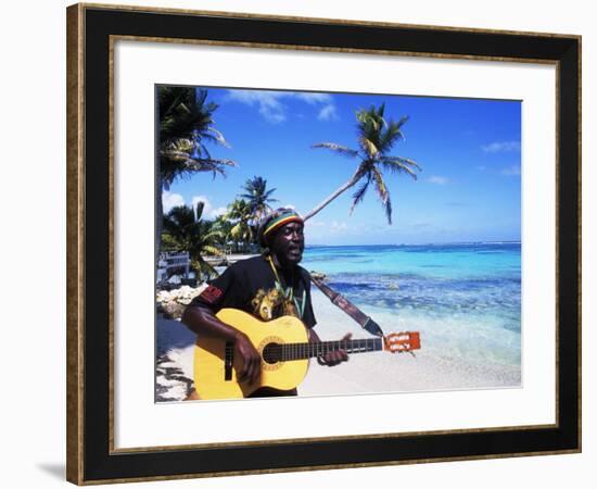 Reggae Singer with Guitar on Beach, Sainte Anne, Guadeloupe-Bill Bachmann-Framed Photographic Print