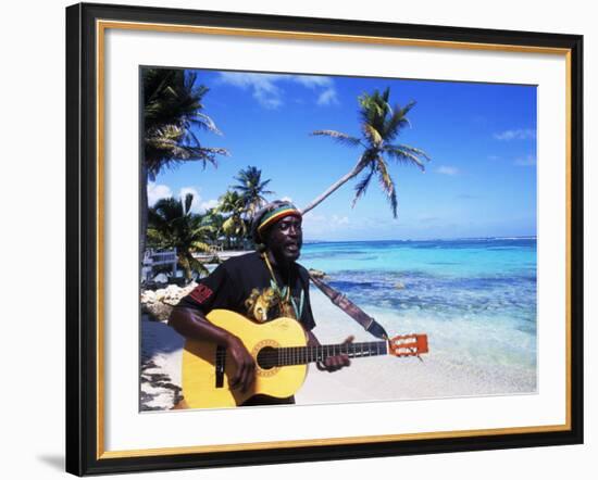 Reggae Singer with Guitar on Beach, Sainte Anne, Guadeloupe-Bill Bachmann-Framed Photographic Print