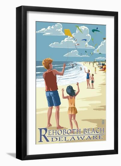 Rehoboth Beach, Delaware - Kite Flyers-Lantern Press-Framed Art Print