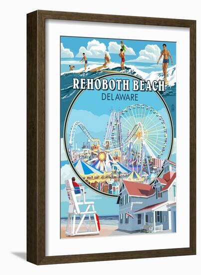 Rehoboth Beach, Delaware - Montage-Lantern Press-Framed Art Print