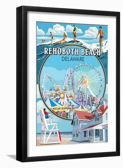 Rehoboth Beach, Delaware - Montage-Lantern Press-Framed Art Print