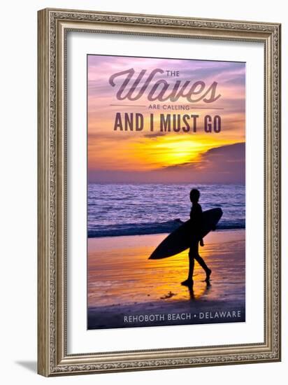 Rehoboth Beach, Delaware - the Waves are Calling - Surfer and Sunset-Lantern Press-Framed Art Print