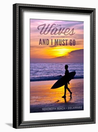 Rehoboth Beach, Delaware - the Waves are Calling - Surfer and Sunset-Lantern Press-Framed Art Print