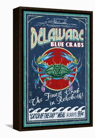 Rehoboth, Delaware - Blue Crabs Vintage Sign-Lantern Press-Framed Stretched Canvas