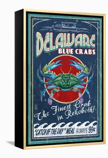 Rehoboth, Delaware - Blue Crabs Vintage Sign-Lantern Press-Framed Stretched Canvas