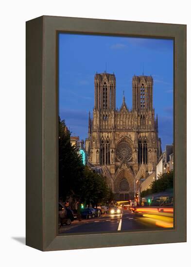 Reims Cathedral at dusk in Champagne France-Charles Bowman-Framed Premier Image Canvas