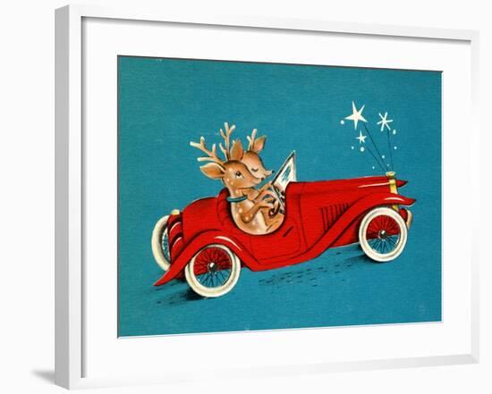 Reindeer Couple Taking a Ride in a Red Coupe Convertable, National Museum of American History-null-Framed Art Print