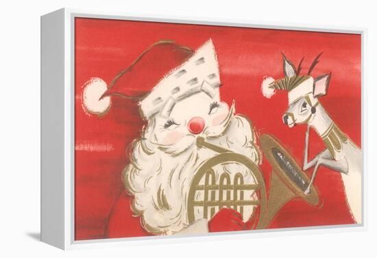 Reindeer, Santa with French Horn-null-Framed Stretched Canvas
