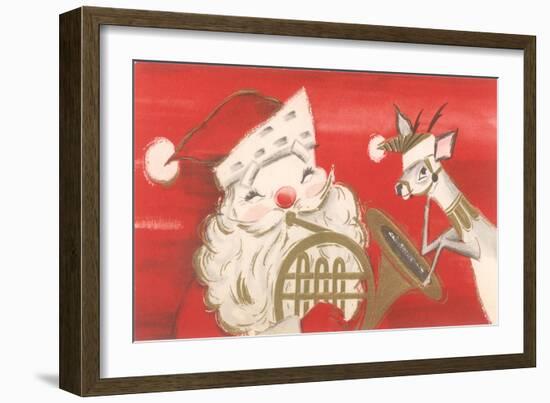 Reindeer, Santa with French Horn-null-Framed Art Print