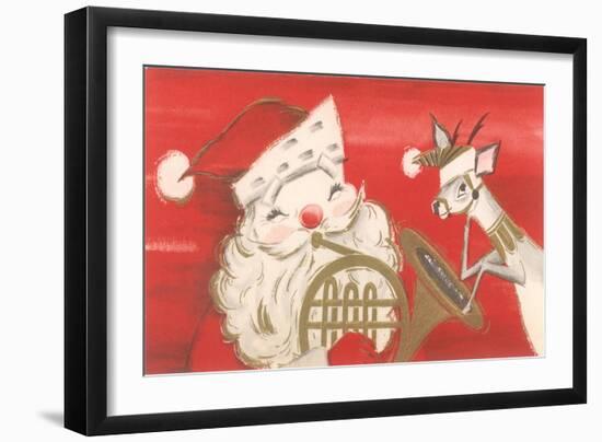 Reindeer, Santa with French Horn-null-Framed Art Print