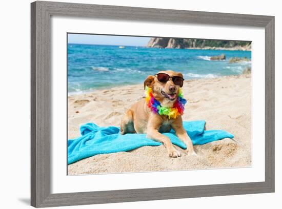Relaxing Dog At The Beach With Flowers Garland-Ivonnewierink-Framed Photographic Print