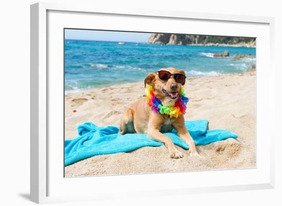 Relaxing Dog At The Beach With Flowers Garland-Ivonnewierink-Framed Photographic Print