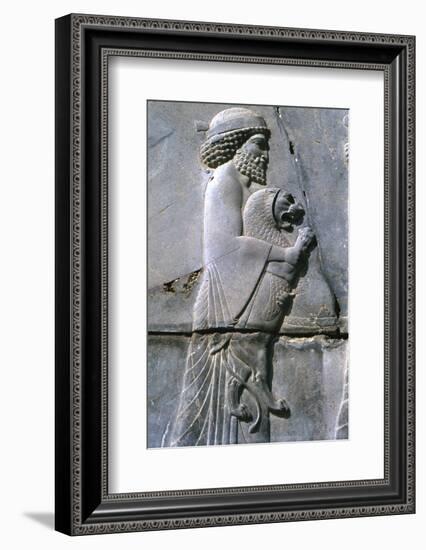 Relief of a man holding a lion cub, Persepolis, Iran-Vivienne Sharp-Framed Photographic Print