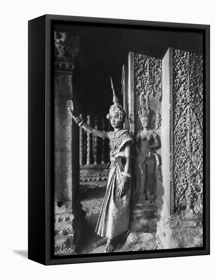 Religious Ritual Dancer in Temple of Angkor Wat, Wearing Richly Embroidered and Ornamented Costumes-Eliot Elisofon-Framed Premier Image Canvas