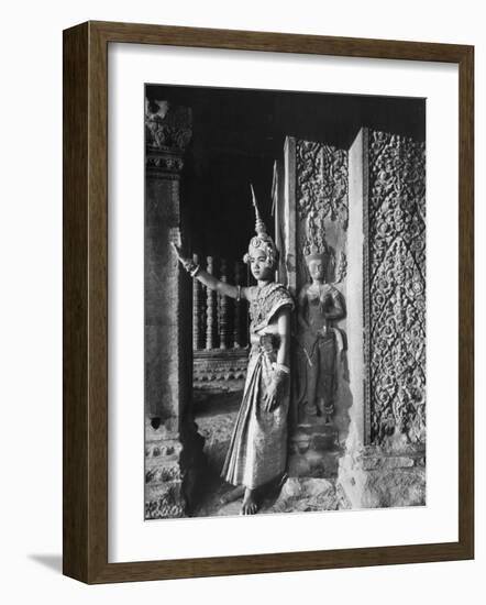 Religious Ritual Dancer in Temple of Angkor Wat, Wearing Richly Embroidered and Ornamented Costumes-Eliot Elisofon-Framed Photographic Print