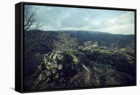 Remains of a bunker at a mountaintop in a wood in winter in Alsace-Axel Killian-Framed Stretched Canvas
