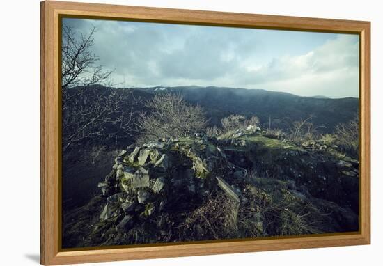 Remains of a bunker at a mountaintop in a wood in winter in Alsace-Axel Killian-Framed Premier Image Canvas