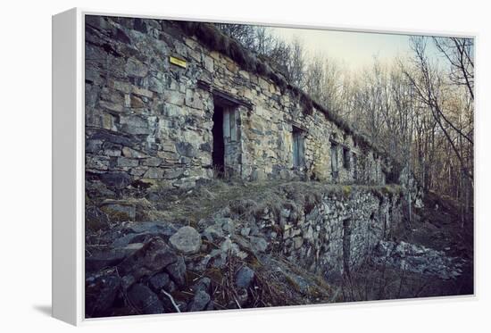 Remains of a bunker with door and windows at a mountain in a wood in winter in Alsace-Axel Killian-Framed Premier Image Canvas