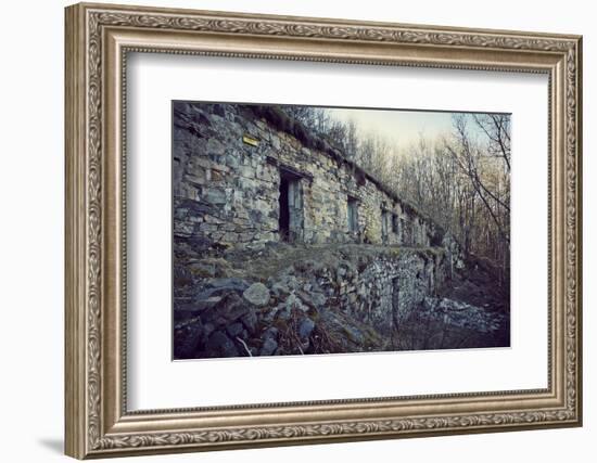 Remains of a bunker with door and windows at a mountain in a wood in winter in Alsace-Axel Killian-Framed Photographic Print