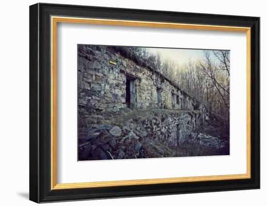 Remains of a bunker with door and windows at a mountain in a wood in winter in Alsace-Axel Killian-Framed Photographic Print