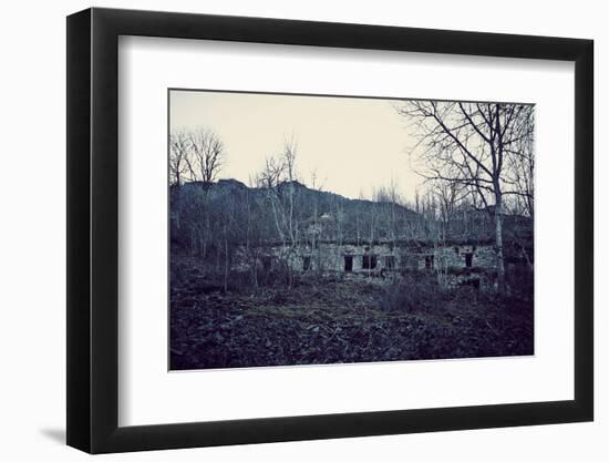 Remains of a bunker with door and windows at a mountain in a wood in winter in Alsace-Axel Killian-Framed Photographic Print