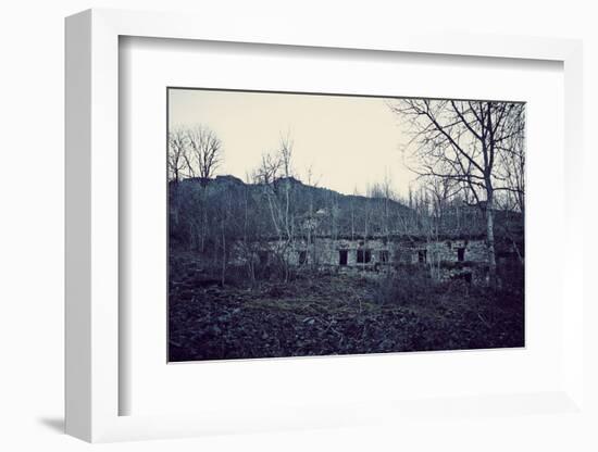 Remains of a bunker with door and windows at a mountain in a wood in winter in Alsace-Axel Killian-Framed Photographic Print