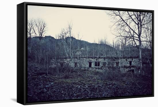 Remains of a bunker with door and windows at a mountain in a wood in winter in Alsace-Axel Killian-Framed Stretched Canvas
