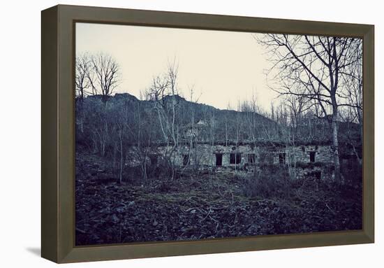 Remains of a bunker with door and windows at a mountain in a wood in winter in Alsace-Axel Killian-Framed Premier Image Canvas