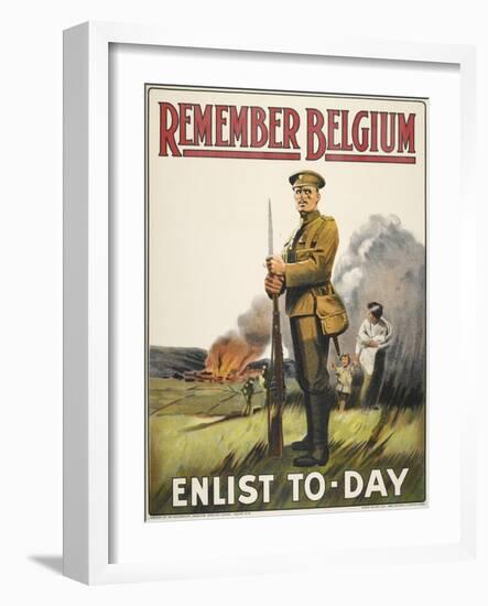 Remember Belgium - Enlist To-day' a Recruitment and Propaganda Poster-null-Framed Giclee Print