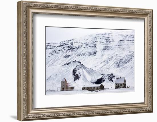 Remote Church and Farm Buildings in Snow-Covered Winter Landscape, Snaefellsness Peninsula, Iceland-Lee Frost-Framed Photographic Print