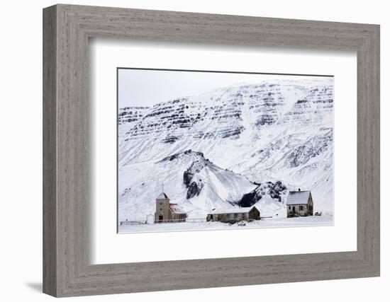 Remote Church and Farm Buildings in Snow-Covered Winter Landscape, Snaefellsness Peninsula, Iceland-Lee Frost-Framed Photographic Print