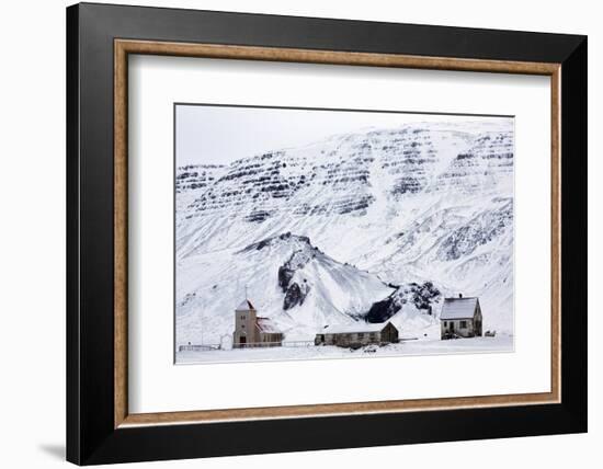 Remote Church and Farm Buildings in Snow-Covered Winter Landscape, Snaefellsness Peninsula, Iceland-Lee Frost-Framed Photographic Print