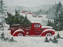 Red Christmas Truck Transports Christmas Trees through a Snowy Winter Landscape-Renate Holzner-Photographic Print