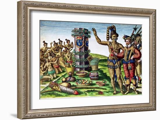 Rene Goulaine De Laudonniere (circa 1529-82) and Chief Athore in Front of Ribault's Column-Jacques Le Moyne-Framed Giclee Print